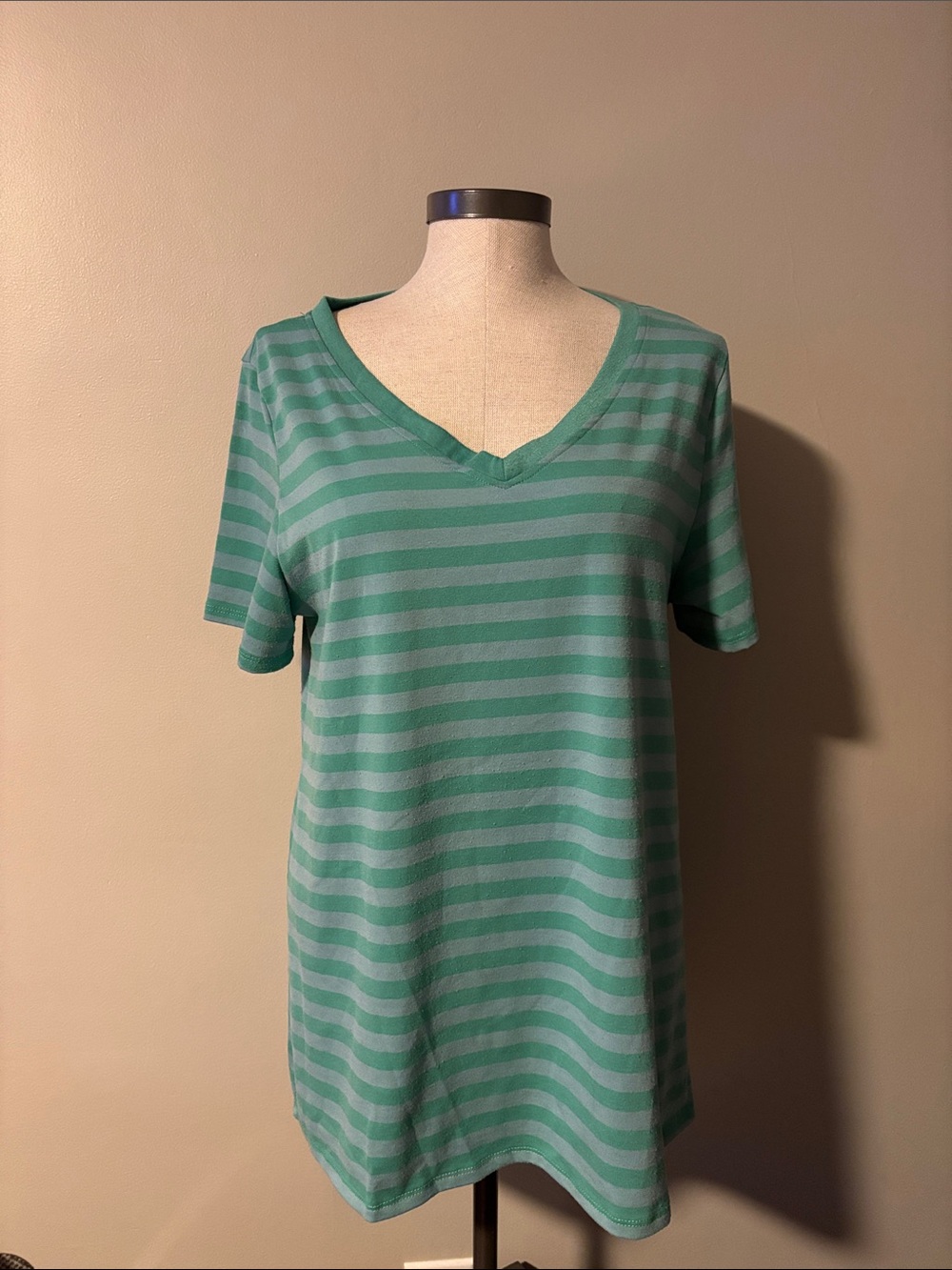LuLaRoe Women's Short Sleeve V-Neck Striped Tee in Mint and Seafoam
